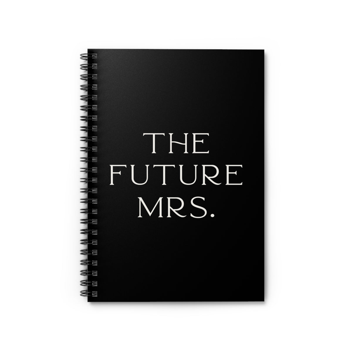 Black spiral-bound notebook with 'THE FUTURE MRS.' text on a white background