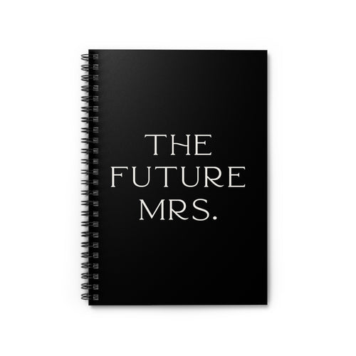 Black spiral-bound notebook with 'THE FUTURE MRS.' text on a white background