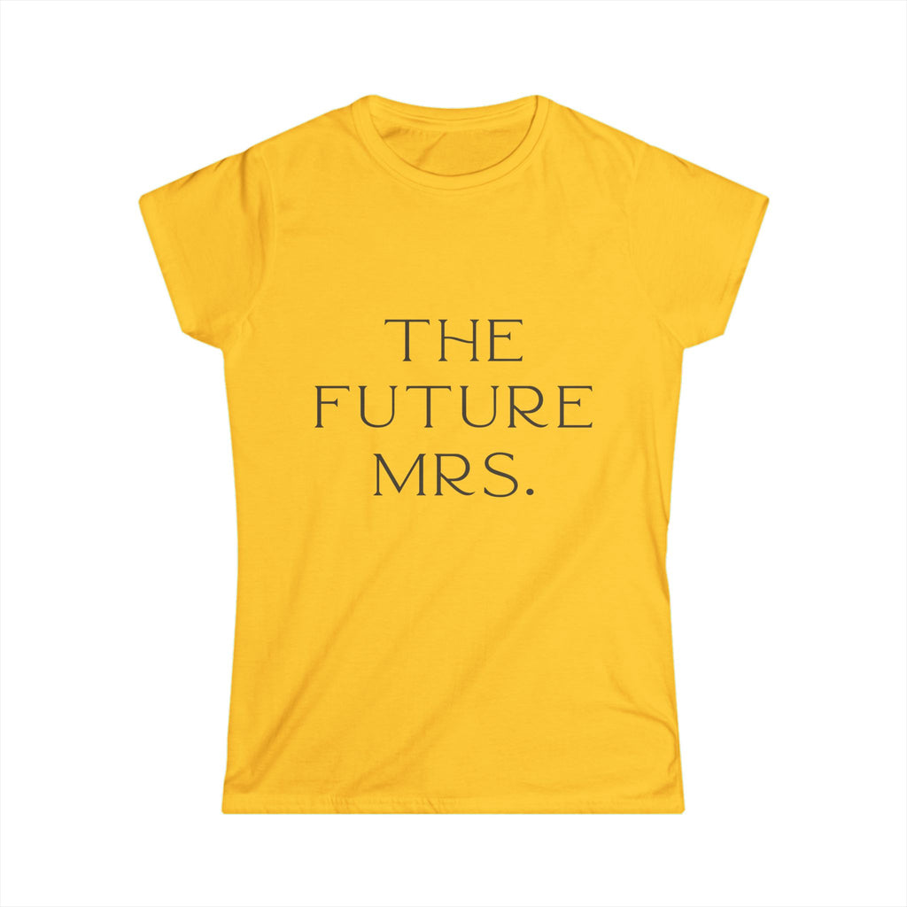 Yellow t-shirt with 'THE FUTURE MRS.' text on a white background