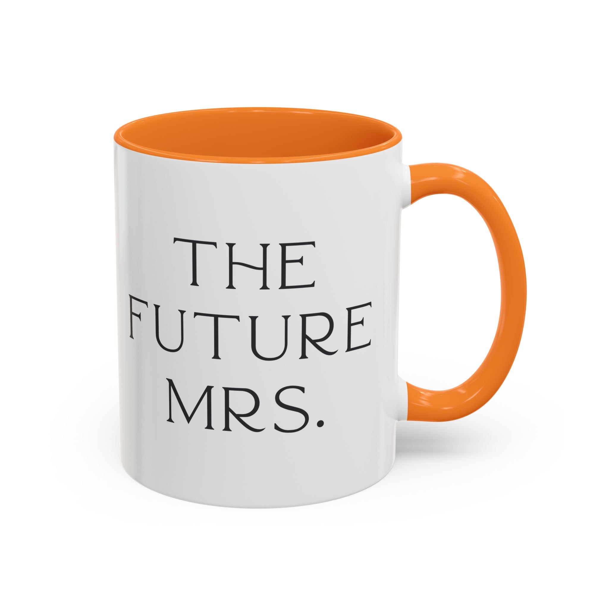 White mug with Golden Yellow interior and handle, featuring 'The Future Mrs.' text on a white background. Engagement gift, brides  wedding present 