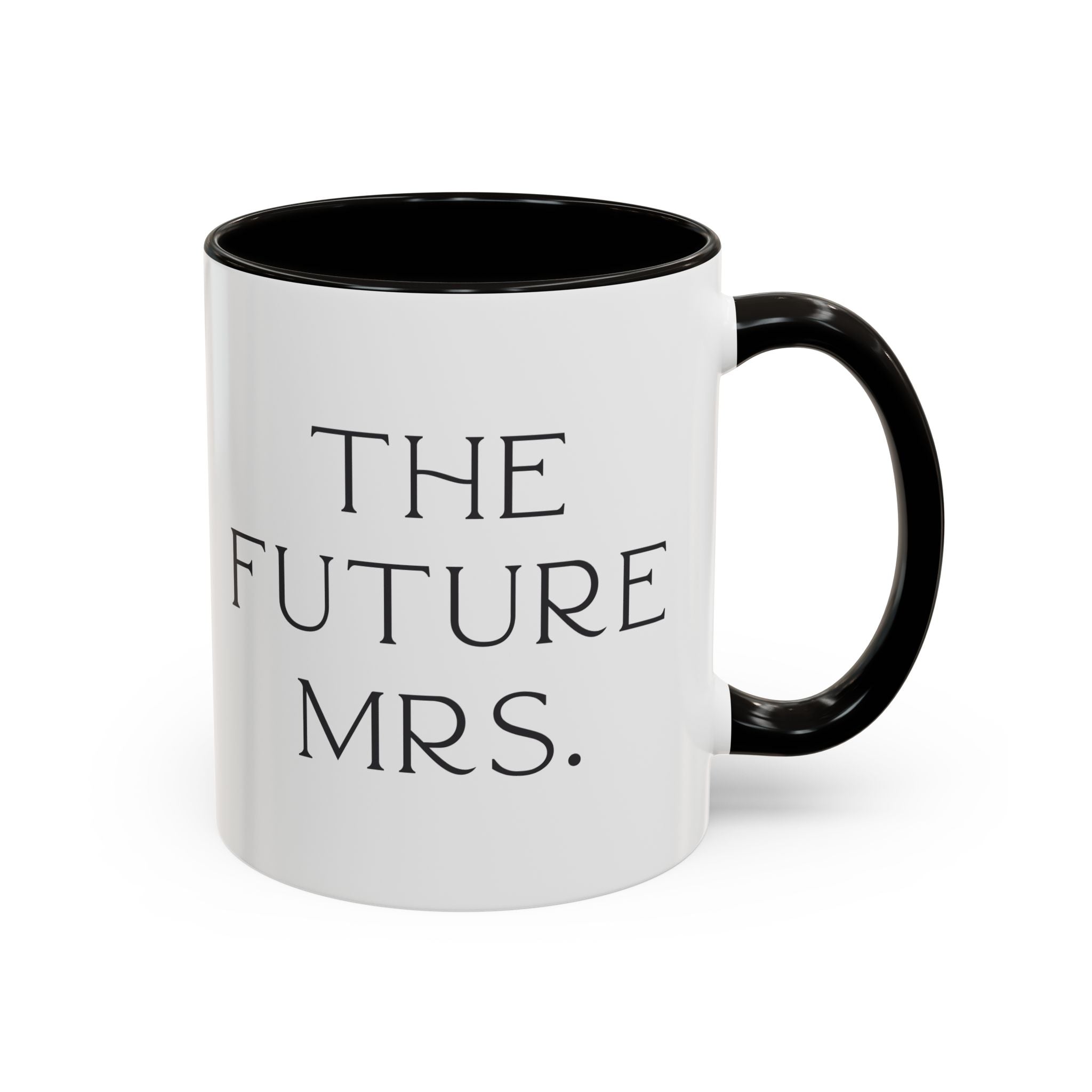 White mug with black interior and handle, featuring 'The Future Mrs.' text on a white background. Engagement gift, brides  wedding present 