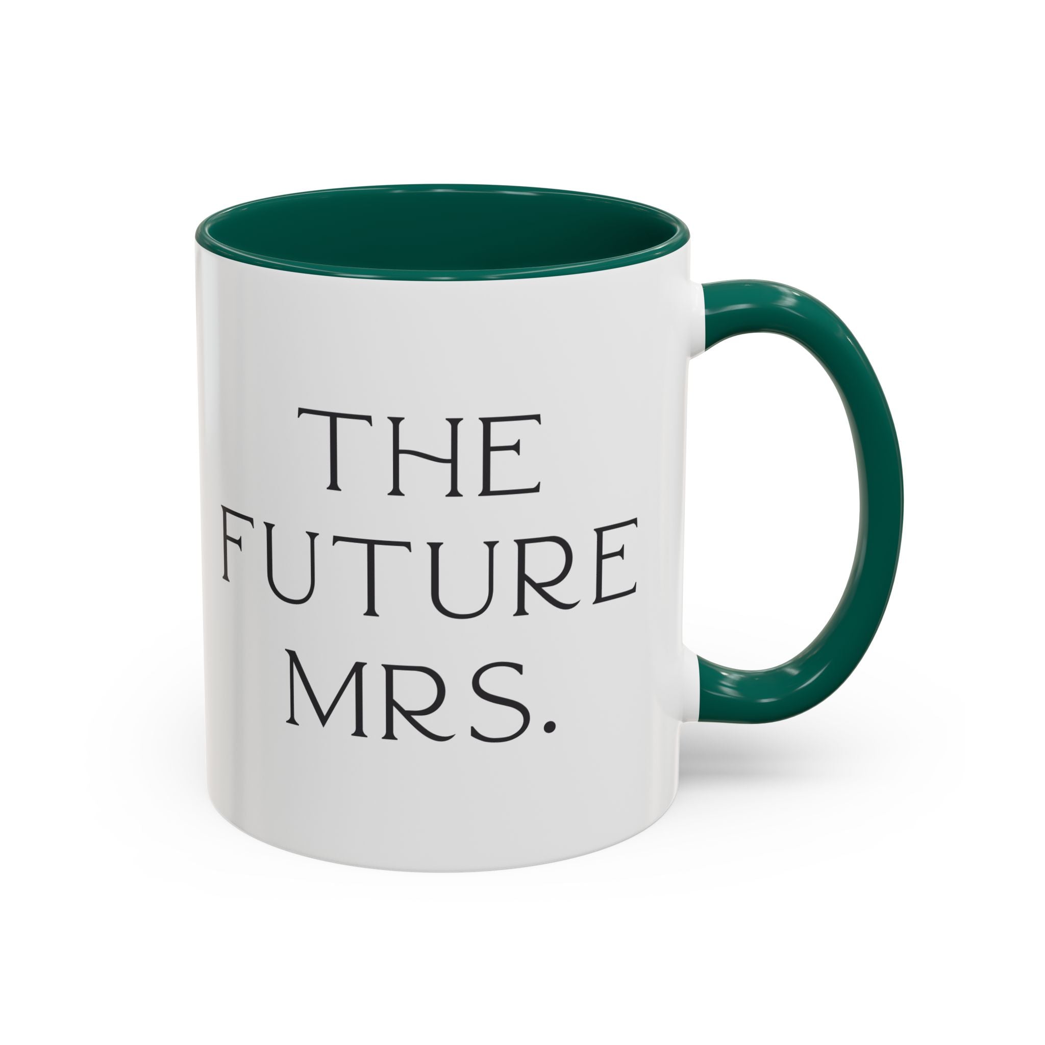 White mug with green interior and handle, featuring 'The Future Mrs.' text on a white background. Engagement gift, brides  wedding present 