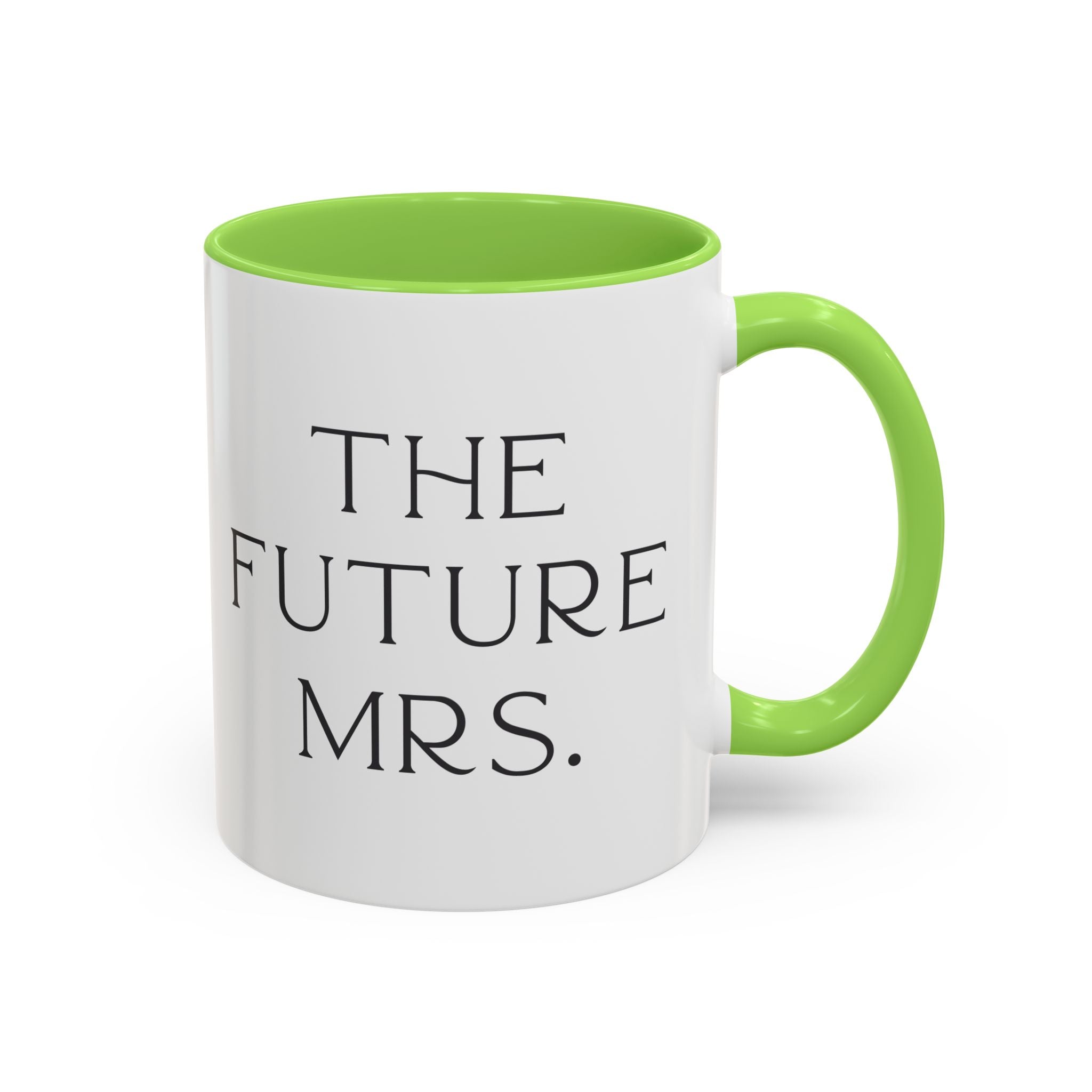 White mug with light green interior and handle, featuring 'The Future Mrs.' text on a white background. Engagement gift, brides  wedding present 