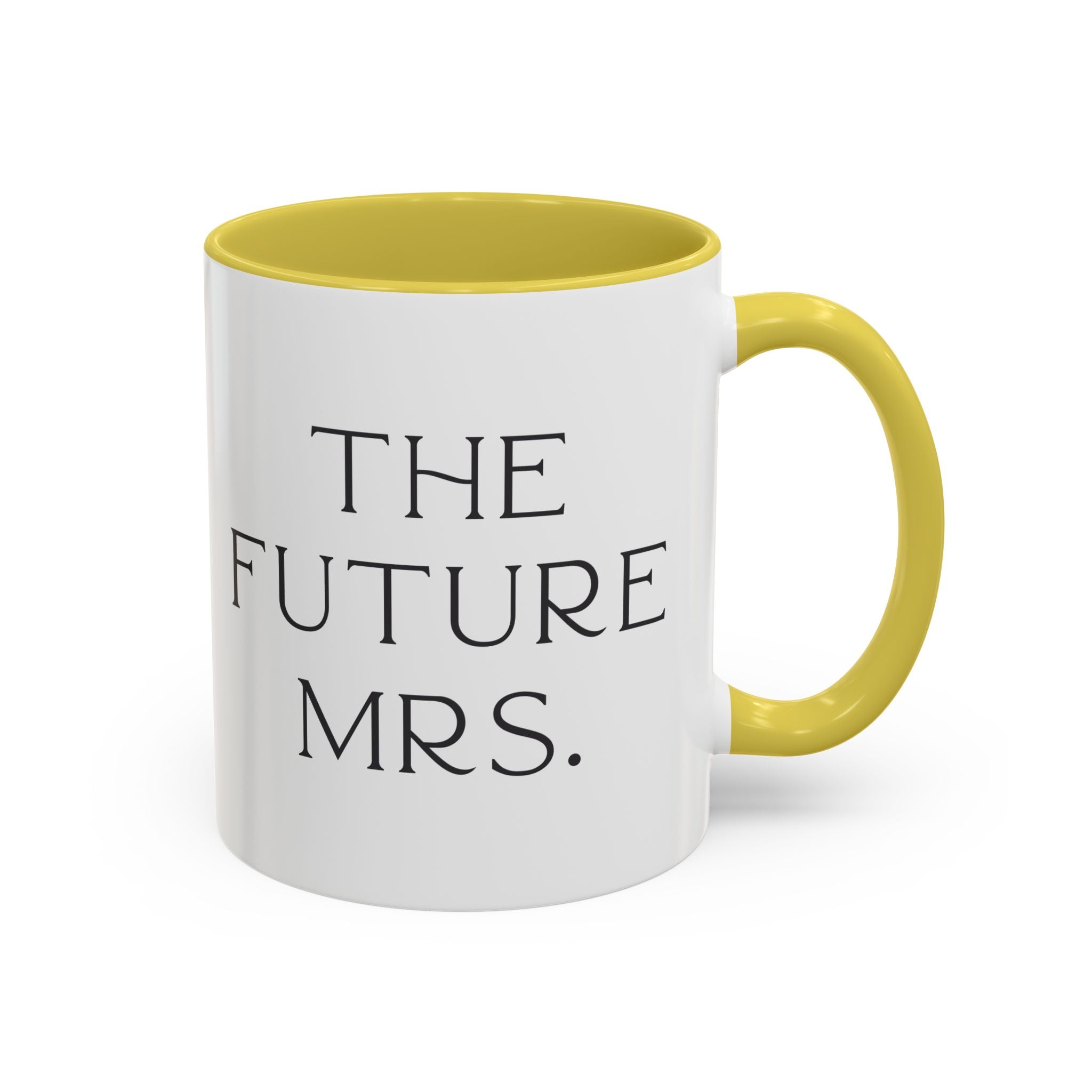 White mug with yellow interior and handle, featuring 'The Future Mrs.' text on a white background. Engagement gift, brides  wedding present 